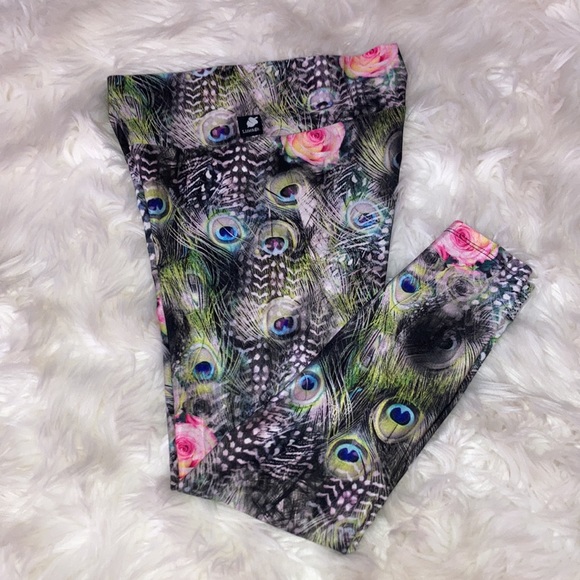 LINEAGE Peacock 🦚 Feather 🪶 Pink Rose 🩷🌹 Leggings - Picture 11 of 15